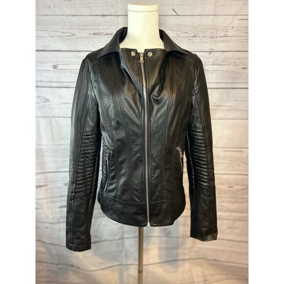 Black Faux Leather Moto Jacket Guess Size Medium - Picture 1 of 10